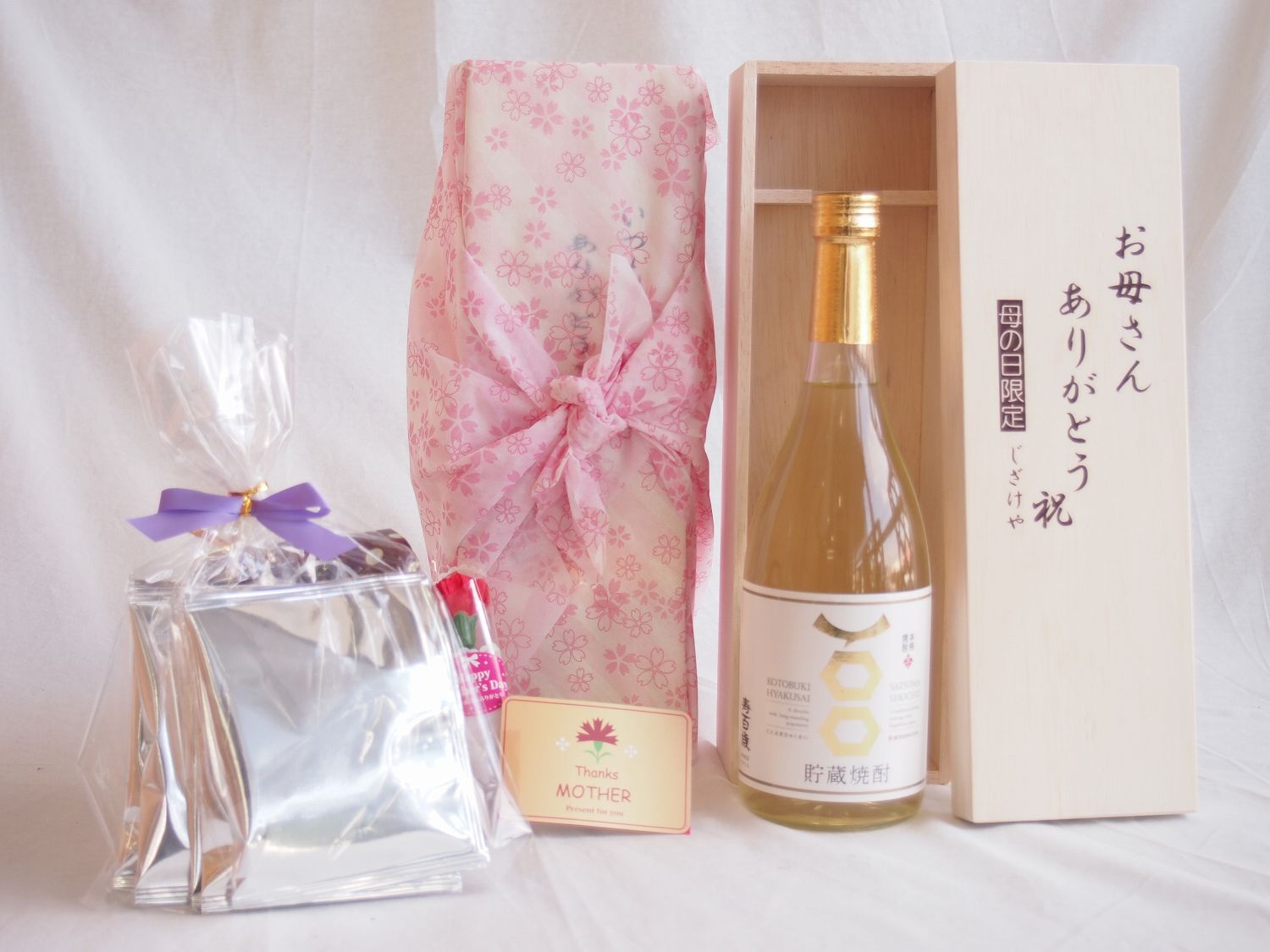 母の日 ギフトセット 芋焼酎セット お母さんありがとう木箱セットドリップコーヒー5セット（東酒造 寿百歳 720ｍｌ（鹿児島県)母の日カード お母さんありがとうカーネイション